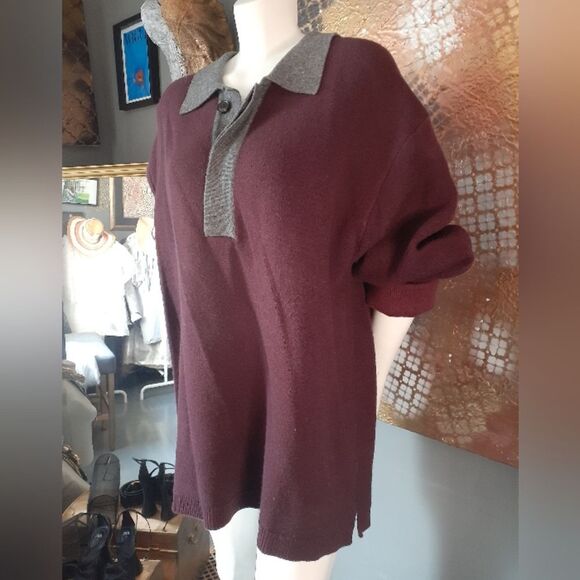 Zara Wool Blend Burgundy Polo Style Sweater with Gray Collar - Picture 1 of 14